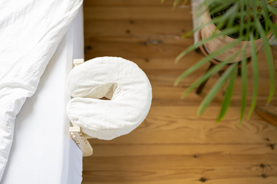 The head cushion from above, with a wooden floor and a plant below